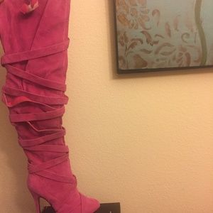 Pink suede over the knee boots